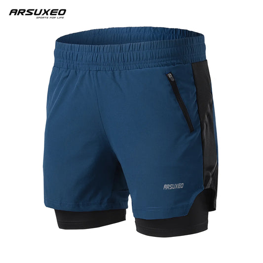 ARSUXEO Men Running Shorts 2 In 1 Gym Clothing Summer Sports Pants Fitness Yoga Exercise Jogging Breathable Bicycle Shorts Male